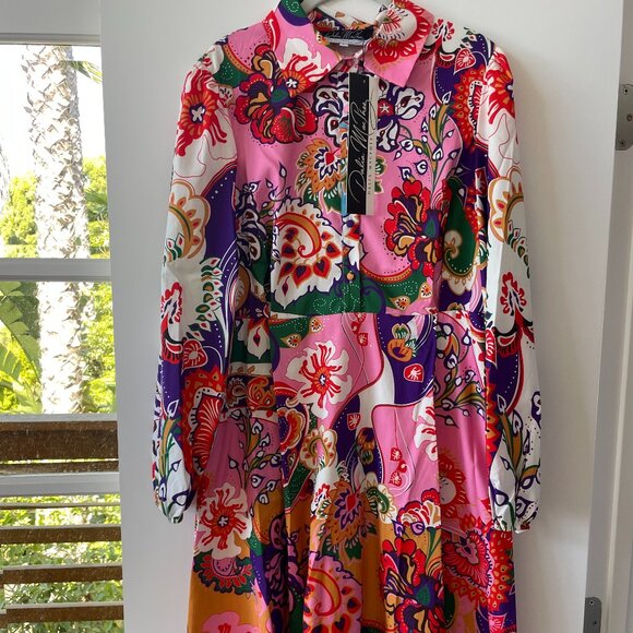 Dalia Macphee Long-Sleeve Midi Dress, Front Buttons,‎ Floral Pink, Large, NWT - Picture 1 of 7
